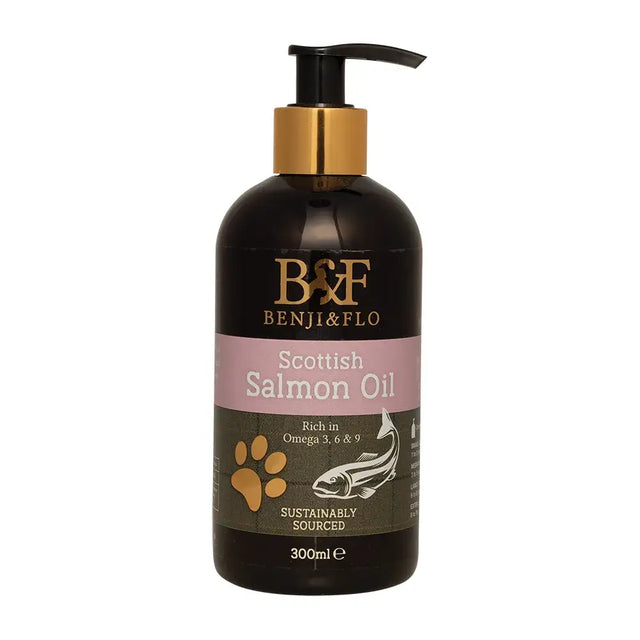 Dark amber glass bottle of benji & flo scottish salmon oil with gold pump dispenser and pink label for flo scottish salmon oil