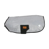 Benji & flo silva flash dog coat in gray waterproof fabric with black trim and white lightning bolt logo on the back