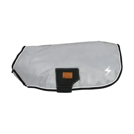 Benji & flo silva flash dog coat in gray waterproof fabric with black trim and white lightning bolt logo on the back