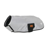 Gray waterproof dog coat with black trim and brown leather patch from benji & flo silva flash dog collection