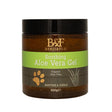A brown glass jar with a black lid of benji & flo soothing aloe vera gel featuring a green label highlighting organic ingredients
