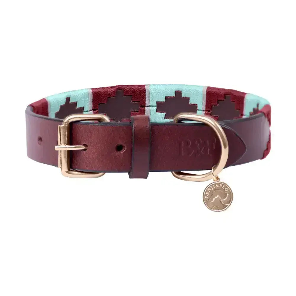 Maroon and teal patterned sublime polo leather dog collar by benji & flo with gold-tone buckle and tag