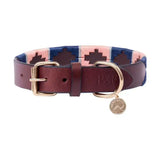 A maroon sublime polo leather dog collar by benji & flo with a blue pink woven band gold hardware and circular tag