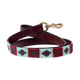 Maroon and turquoise embroidered sublime polo leather dog lead by benji & flo with brass clasp for stylish walks