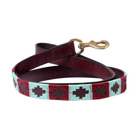 Maroon and turquoise embroidered sublime polo leather dog lead by benji & flo with brass clasp for stylish walks