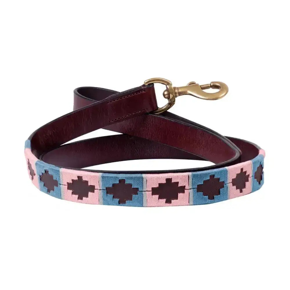 A maroon sublime polo leather dog lead by benji & flo with pink blue embroidery and brass clasp