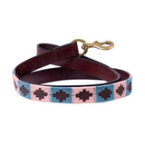 A maroon sublime polo leather dog lead by benji & flo with pink blue embroidery and brass clasp