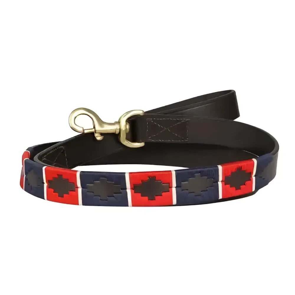 Navy and red embroidered sublime polo leather dog lead by benji & flo with gold-tone metal clasp