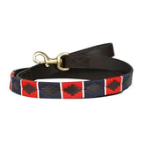 Navy and red embroidered sublime polo leather dog lead by benji & flo with gold-tone metal clasp
