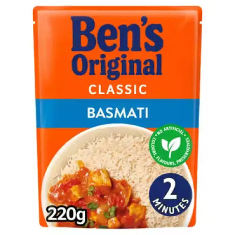Ben’s basmati microwave rice 220g in an orange and blue pouch perfect for quick microwave cooking