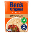 Ben’s long grain rice 220g in a vibrant orange pouch with cooked rice beans and vegetables on the front