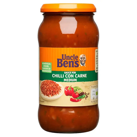 Uncle bens medium chili con carne sauce in a glass jar with orange lid from bens sweet and sour cook in sauces for riders