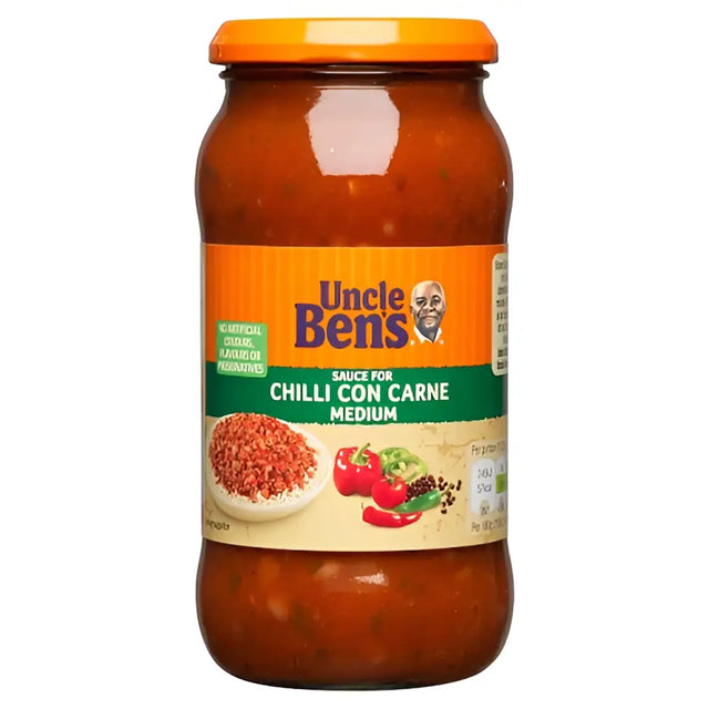 Uncle bens medium chili con carne sauce in a glass jar with orange lid from bens sweet and sour cook in sauces for riders