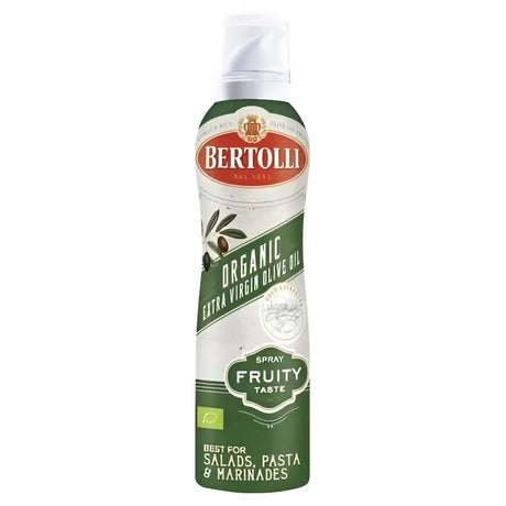 Bertolli extra virgin olive oil spray with a green and white label featuring a fruity taste for cooking use