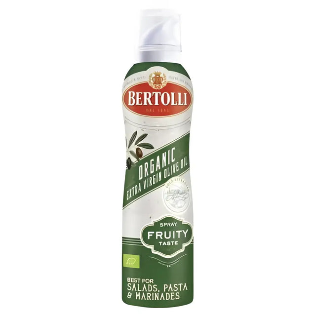 Bertolli extra virgin olive oil spray with a green and white label featuring organic fruit taste virgin olive oil