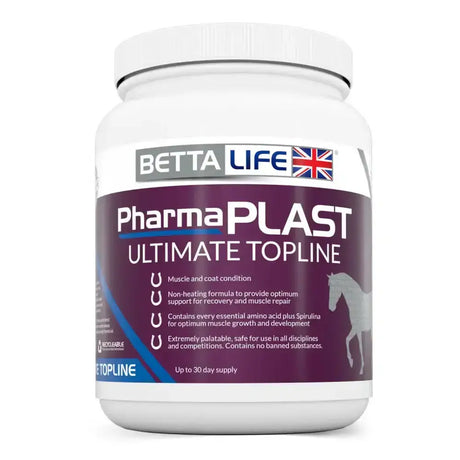 White plastic container of bettalife pharmaplast ultimate topline for optimum muscle condition and coat support in horses
