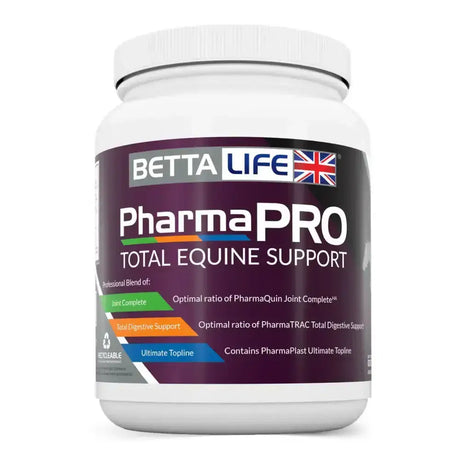 Betta life pharmapro equine support supplement jar with white plastic body and dark purple pharmapro equine support label