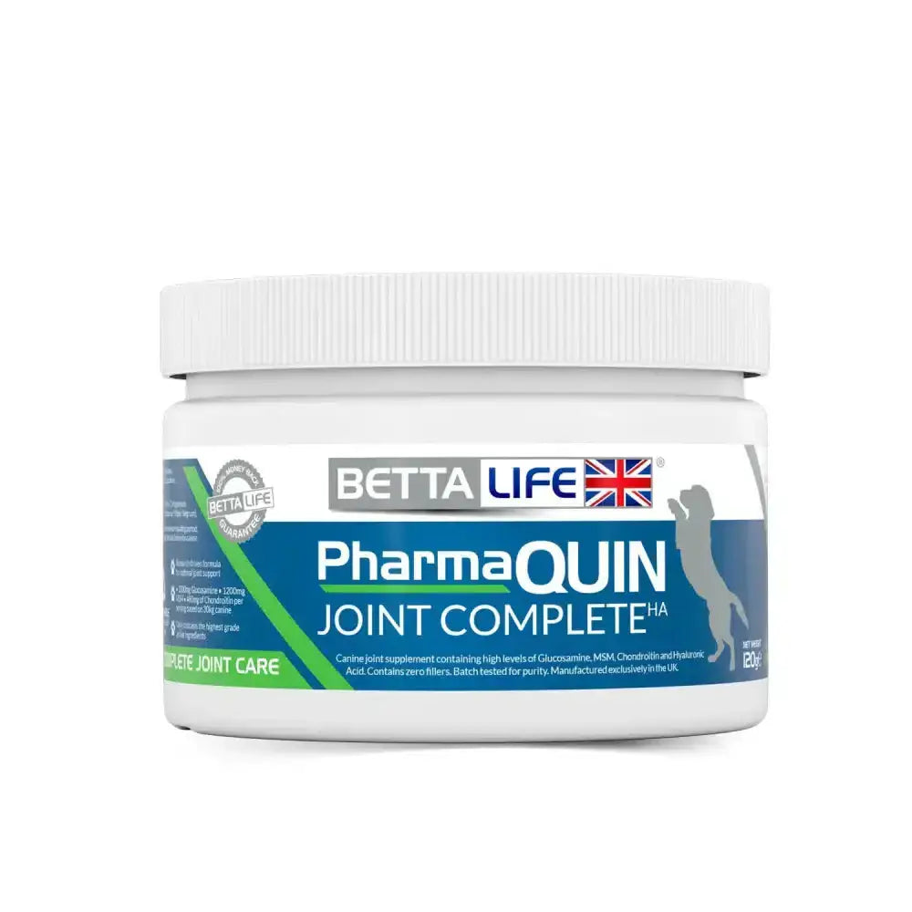 A white plastic jar of bettalife pharmaquin joint complete ha canine with blue green label and dog illustration