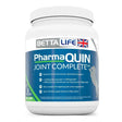 White plastic container with blue and green label of bettalife pharmaquin joint complete ha canine joint supplement