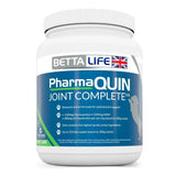 White plastic container with blue and green label of bettalife pharmaquin joint complete ha canine joint supplement
