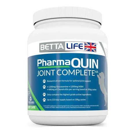 White plastic container with blue and green label of bettalife pharmaquin joint complete ha canine joint supplement