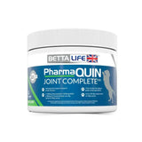 White plastic container with blue green bettalife pharmaquin joint label for pharmaquin joint complete ha canine care