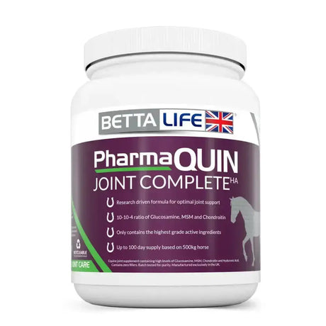 White plastic container of bettalife pharmaquin joint completeha equine supplement with purple green label horse silhouette