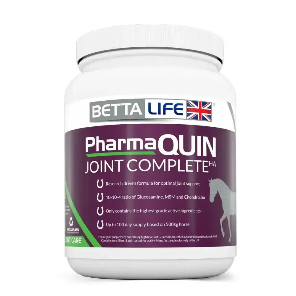 White plastic container of bettalife pharmaquin joint completeha ha supplement with purple green label and horse silhouette