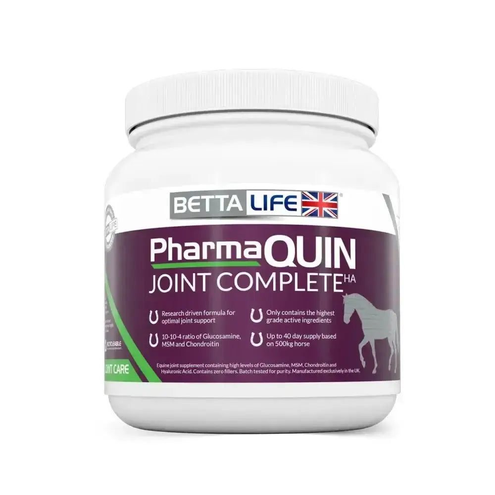 White plastic jar with purple green label bettalife pharmaquin joint completeha equine joint supplement 10-10-4 proven ratio