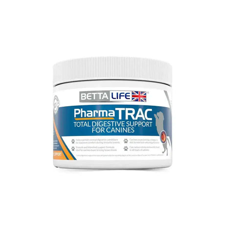 White plastic jar of bettalife pharmatrac total digestive support canine with blue and white label and dog illustration