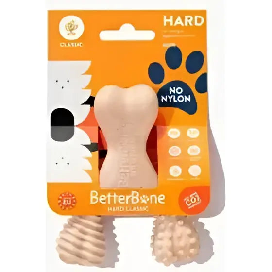 Betterbone hard large beige bone-shaped durable chew toy with textured surface for aggressive chewers in orange pack