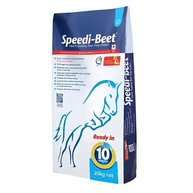 Blue and white 20 kg bag of BHF speedibeet quick soaking beet pulp feed with prebiotic effect for equestrian horses