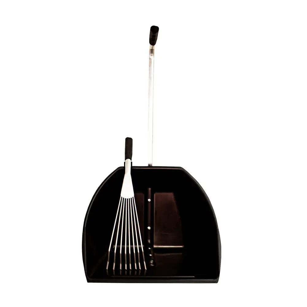 Black plastic big tidee speed dustpan with matching black broom and short metal rake inside weather-resistant design