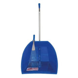 Blue big tidee speed skip dustpan with matching blue broom handle and short metal rake attachment for easy cleaning