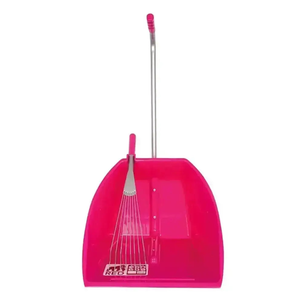 Bright pink big tidee speed skip dustpan with short weather-resistant metal rake attachment and matching handle