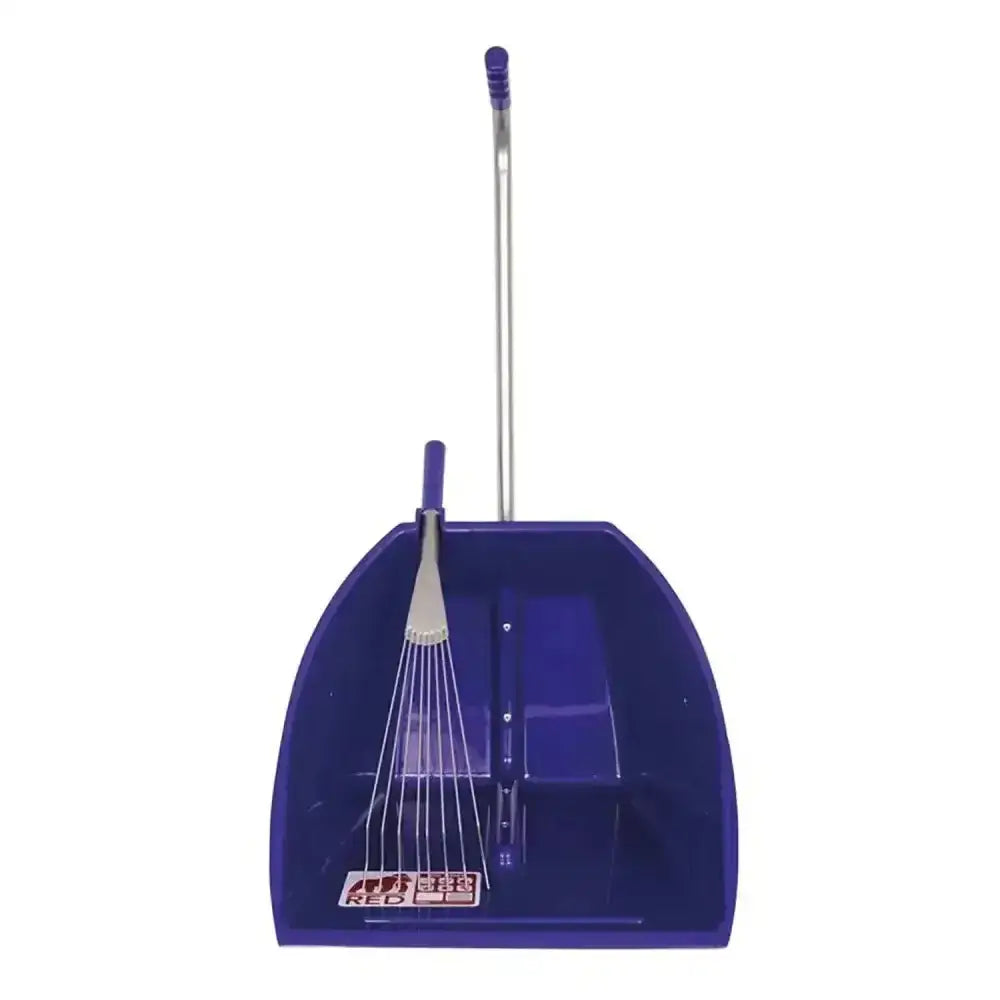 Blue plastic dustpan with matching broom and weather-resistant big tidee short metal rake attachment for easy cleaning
