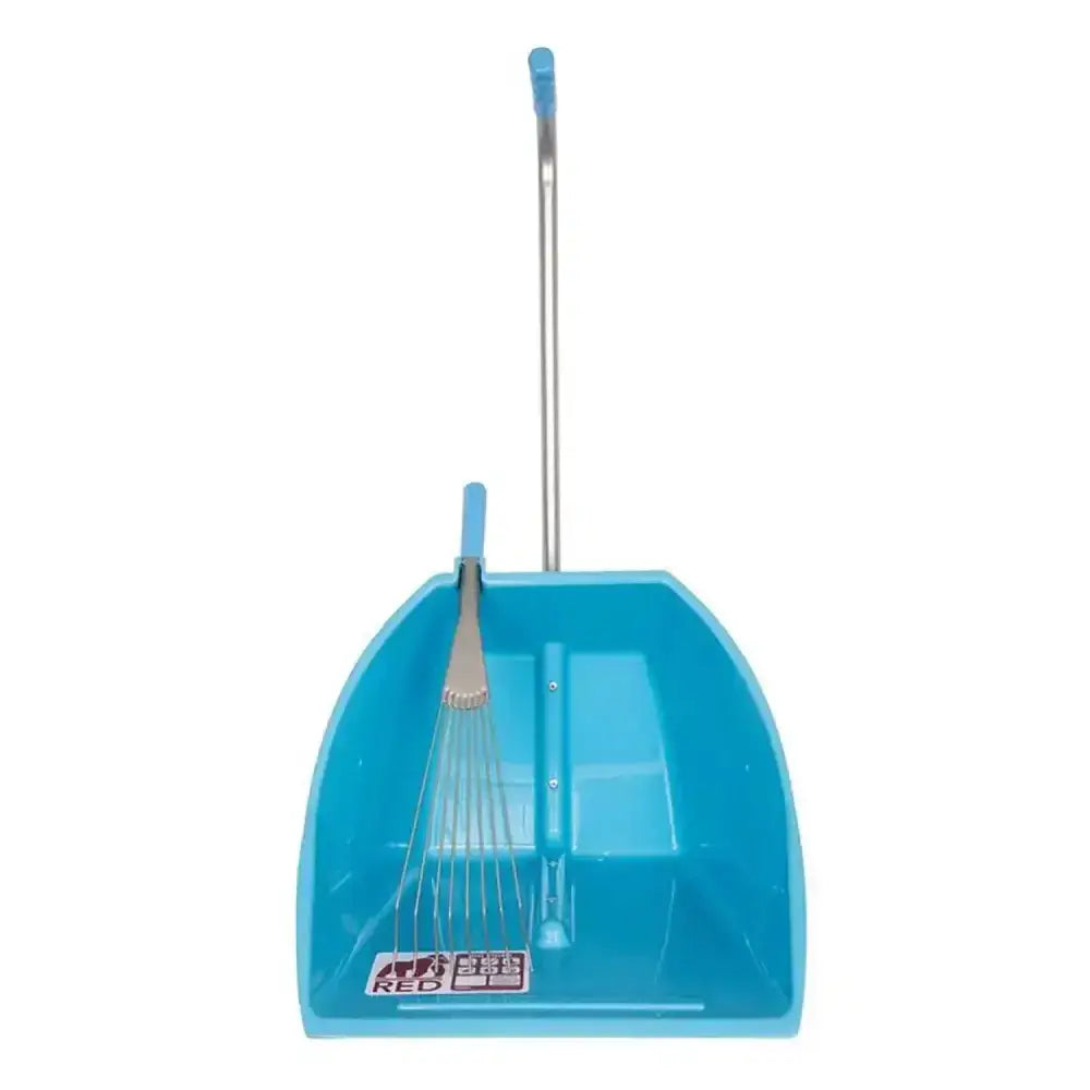Bright blue big tidee speed dustpan with matching handle and attached short metal rake for easy cleanup