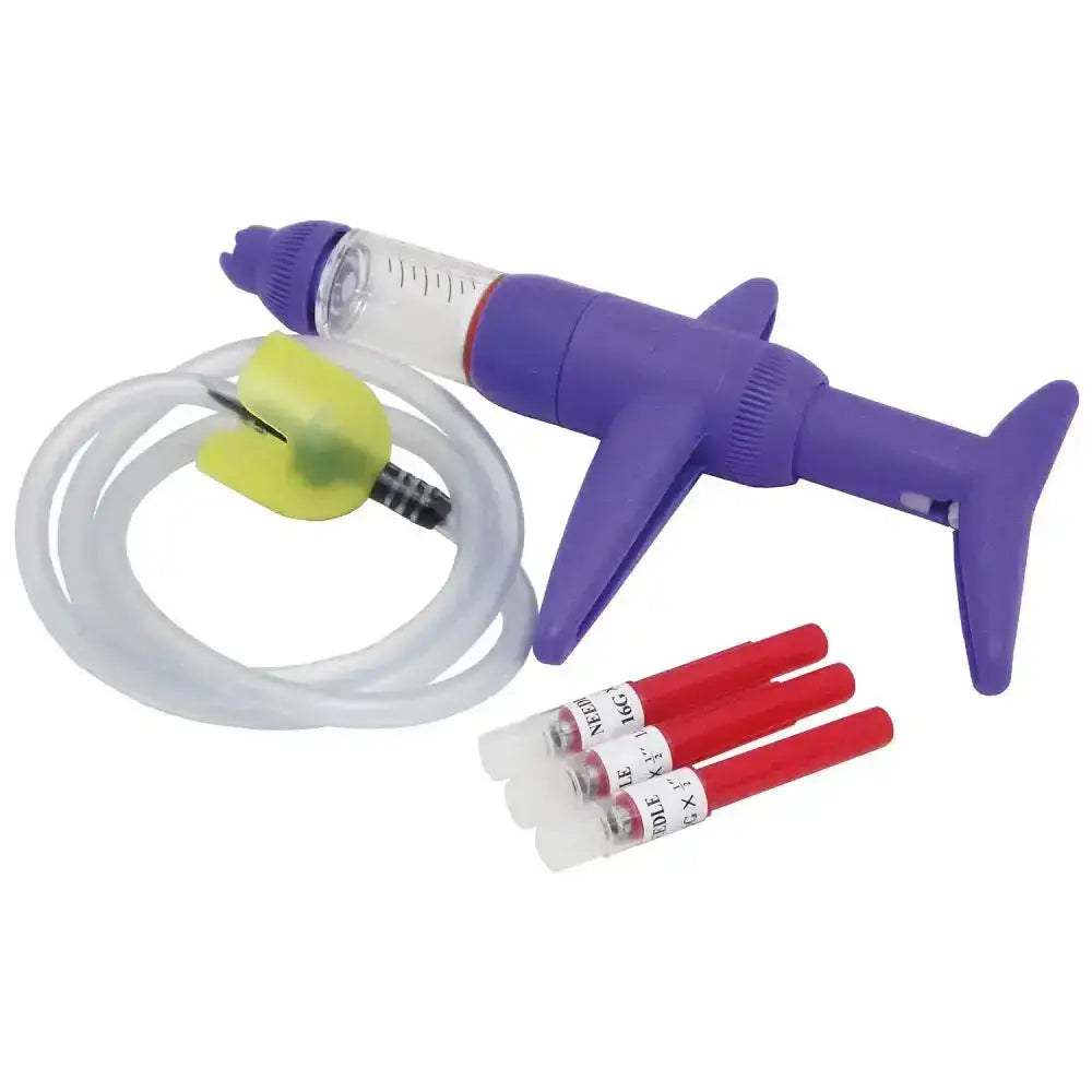 Purple shark-shaped bimeda bimectin injection gun with clear measurements and yellow cap with three red-tip needle cartridges