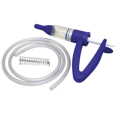 Blue plastic bimeda bimectin pour-on gun with clear barrel, white plunger, coiled tube, and metal spring for vet use