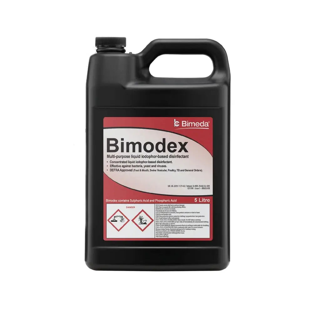 Black plastic jug of bimeda bimodex powerful iodophor-based detergent sanitiser for multi-purpose disinfecting use
