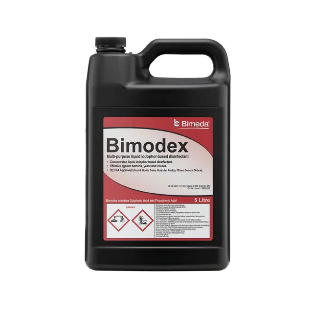 Black plastic jug of bimeda bimodex powerful iodophor-based detergent sanitiser for multi-purpose disinfecting use