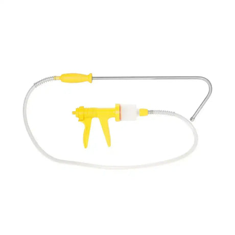 Yellow plastic bimeda cattle hook doser with curved metal rod and transparent tubing for easy dosing use