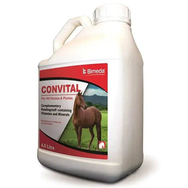 White plastic jug with red and white bimeda convital label for a palatable supplement with vital minerals for horses