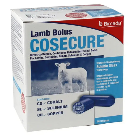 Bimeda cosecure lamb bolus in a white red and blue box for preventing selenium deficiencies in lambs