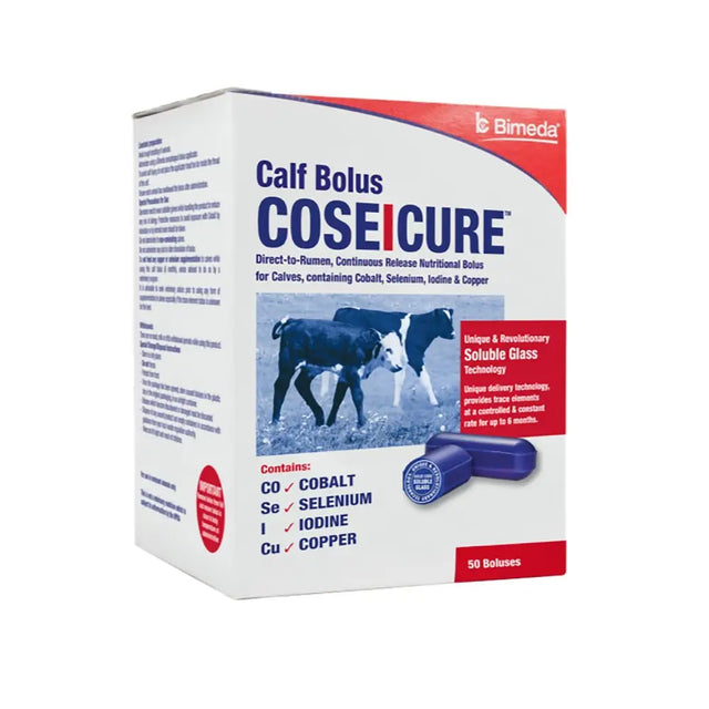 Bimeda coseicure calf bolus box with white red packaging blue text and calf images for cobalt supply use