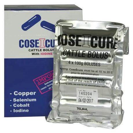 Silver foil packet of bimeda coseicure cattle bolus with black print and a white sticker showing lot number and expiry date