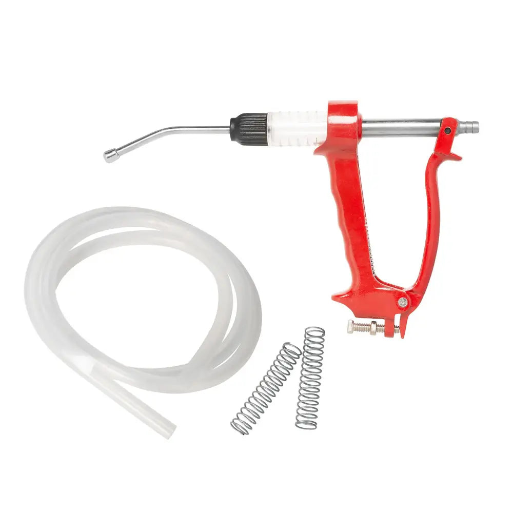 Bimeda endo drench applicator with red plastic and metal syringe pump black grip silver nozzle and two replacement springs