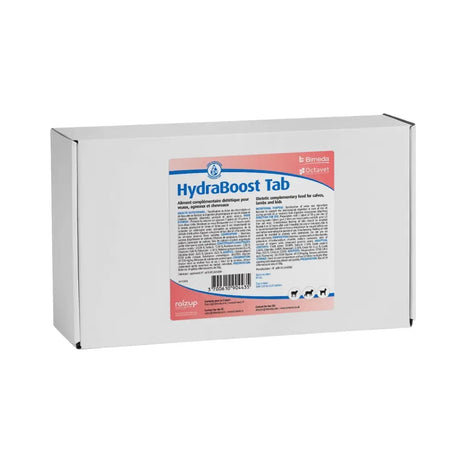 Silver rectangular box of bimeda hydraboost tab soluble rehydration tablet for calves lambs and kids