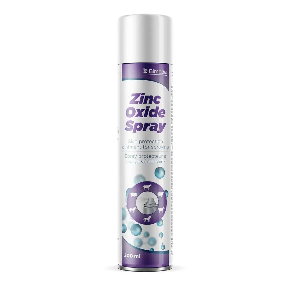 Silver canister of bimeda zinc oxide spray 200 ml with purple and white animal label for skin protection ointment