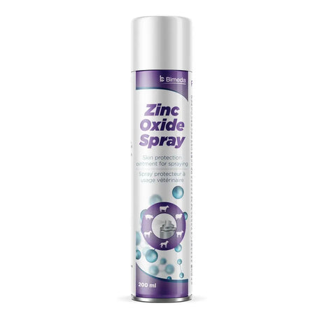 Silver canister of bimeda zinc oxide spray 200 ml with purple and white animal label for skin protection ointment